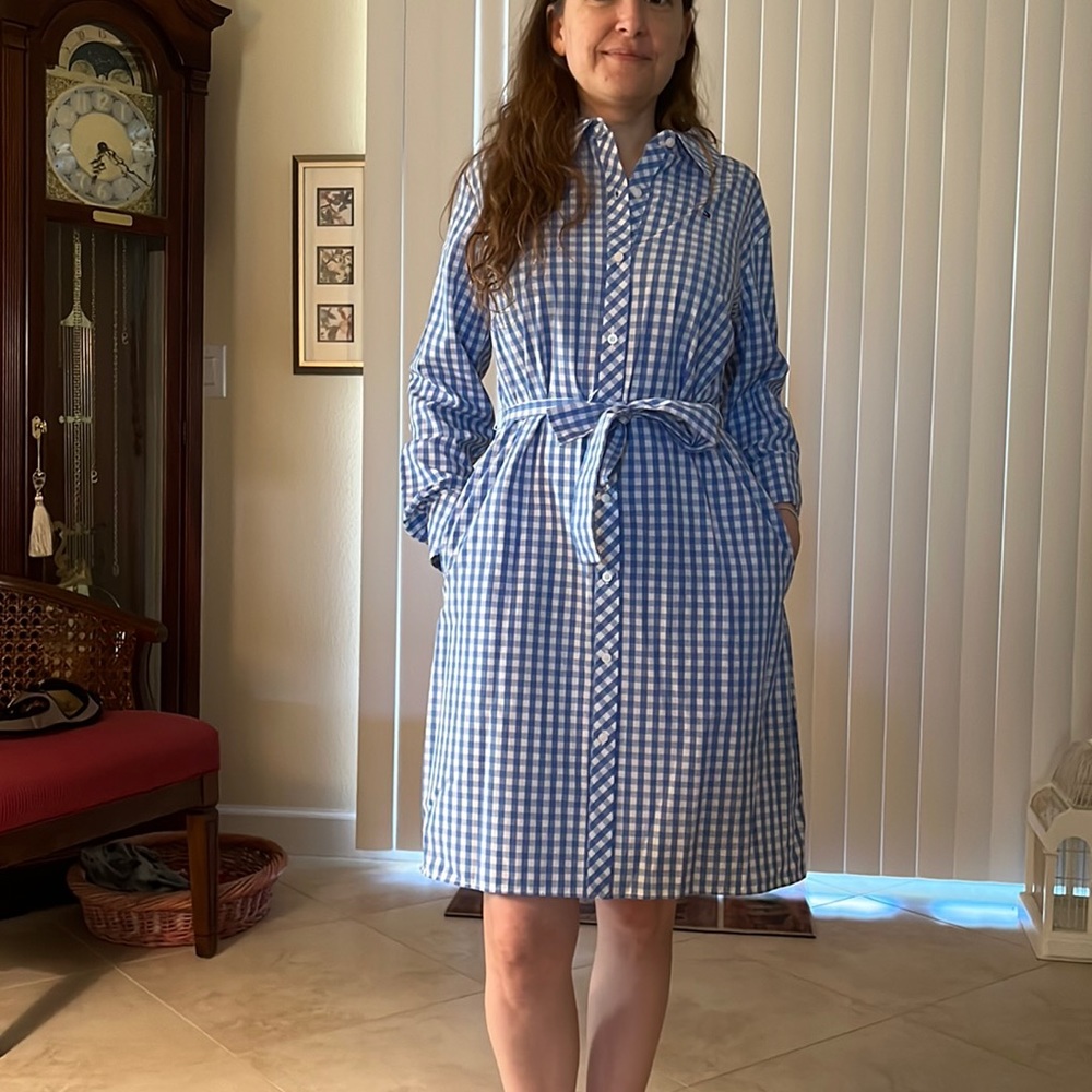Long- sleeved blue and white casual dress.